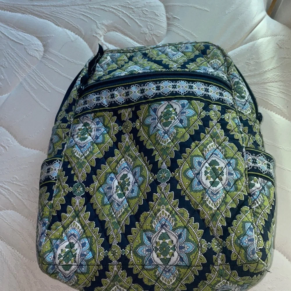 Vera Bradley Quilted Mini Backpack Purse Green Navy Blue - Picture 7 of 11